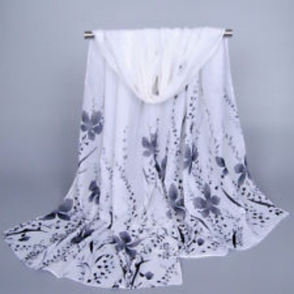 White Chiffon Gray Floral Wrap Scarf Shawl - Picture 3 of 3